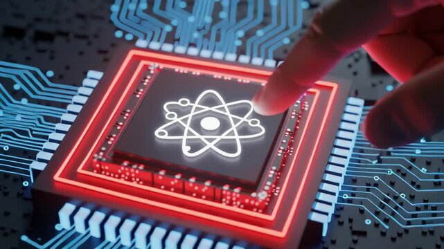 Quantum computing processing future technology innovation science physics algorithm network data speed ai glowing chip fingertip evoking advanced computation and rapid research curiosity