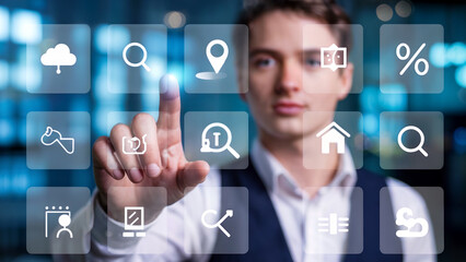 Modern businessman interacting with innovative digital interface, exploring cloud solutions and online tools for business growth and strategic planning