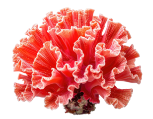 Pinkish-red coral with ruffled edges on black background