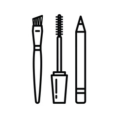 Makeup tools outline set: mascara, eyebrow pencil, and angled brush for beauty vector art.
