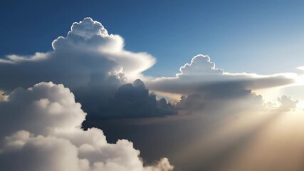 Dramatic view from above the clouds with bright sun rays breaking through the dark cumulonimbus formations in a blue sky - Powered by Adobe