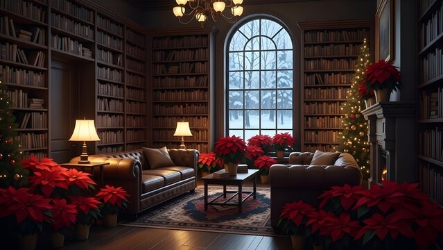 Cozy library interior decorated for christmas with poinsettias and soft lighting