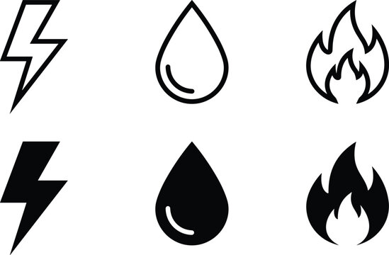 Vector Icons Set of Core Elements: Electricity, Water, and Fire, Representing Power, Energy, Nature, and Essential Services, in Both Outline and Solid Glyph Style, Isolated on White.