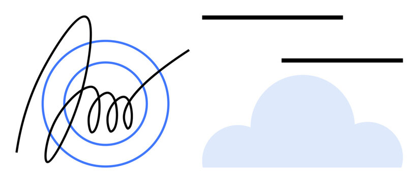 Abstract digital signature with blue concentric circles and light blue cloud icon. Horizontal lines suggest smooth connectivity. Ideal for authentication, security, digital identity, cloud storage