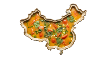 PNG cut out isolated background. A conceptual top-down view of a ceramic bowl shaped like the map of China, filled with a savory orange soup containing tomatoes and green herbs.