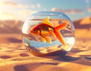 Surreal image of a goldfish in a bowl set upon a sandy desert
