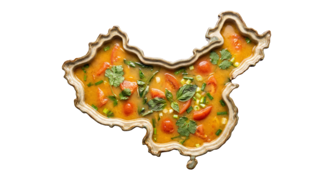 PNG cut out isolated background. A conceptual top-down view of a ceramic bowl shaped like the map of China, filled with a savory orange soup containing tomatoes and green herbs.