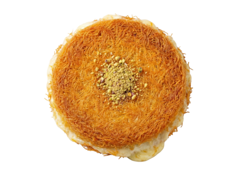 PNG cut out isolated background. An overhead studio shot of a traditional Middle Eastern dessert known as Kunafa or Knafeh.