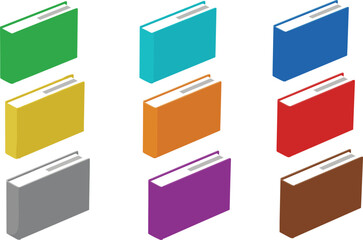 Colorful Isometric Book Collection, Education, Library, and Literature Concept, Group of Nine Stacked Hardcover Textbooks Icon Set, Vector