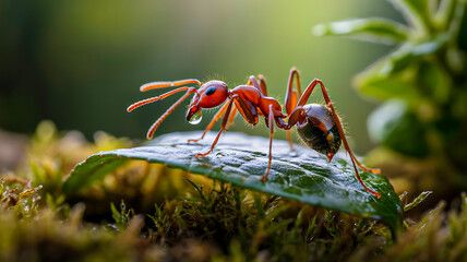 Macro Close-Up of Ant on Leaf with Vibrant Colors and Cinematic Lighting