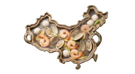 PNG cut out isolated background. A conceptual top-down view of a ceramic bowl shaped like the map of China, filled with a clear seafood soup containing shrimp, clams, and fish balls.