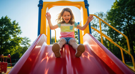 Fototapeta premium a young girl on a playground slide, dynamic motion, bright sunlight, joyful expression, vibrant outdoor scene, high-detail photography