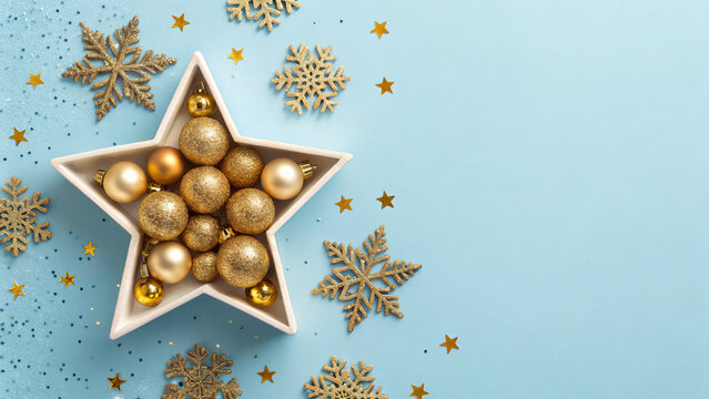 A star-shaped bowl holds shiny gold and glittery ornaments, surrounded by festive snowflakes and golden stars on a soft blue background christmas greeting card with copyspace - Powered by Adobe