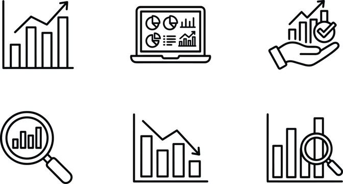 Collection of business analytics icons showing growth charts, data analysis, performance metrics, financial reports, magnifying glass review, and statistical dashboard graphics