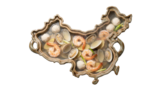 PNG cut out isolated background. A conceptual top-down view of a ceramic bowl shaped like the map of China, filled with a clear seafood soup containing shrimp, clams, and fish balls.