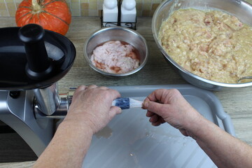 Preparing a meat grinder, meat, and natural casing for making homemade sausage