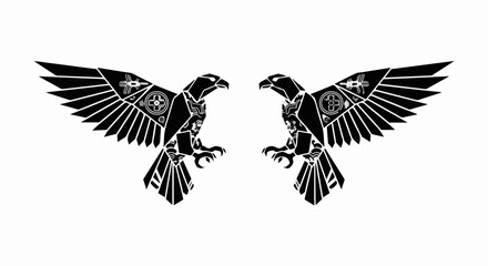 Obraz premium Two powerful black eagles with outstretched wings in a symmetrical design.