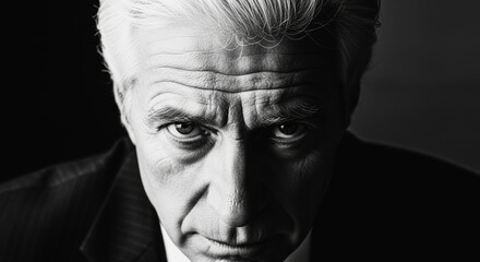 A striking portrait in black and white, featuring a serious man with a sharp gaze, and commanding presence. The image is a study of contrast and shadow.