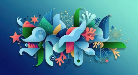 A colorful abstract design with waves, stars, and snowflakes on a blue background.