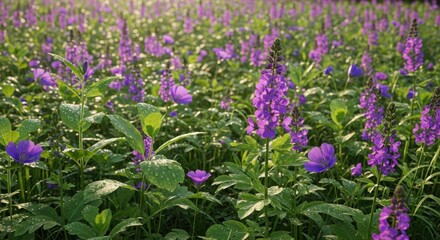 Fototapeta premium Field of purple wildflowers amidst lush green foliage in the warm sunlight