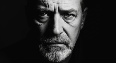 A close-up portrait of an older man's face, meticulously capturing every detail in stark black and white, highlighting his intense gaze.