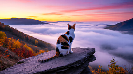 Cat on Cliff Overlooking Autumn Mountains with Vibrant Sunset and Mystical Fog