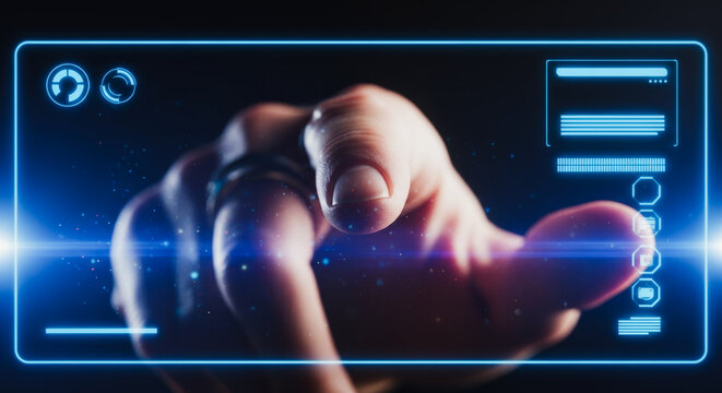 A futuristic hand interacts with a holographic interface, showcasing the seamless integration of technology in a dynamic and innovative scene. 