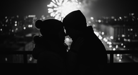A silhouetted couple embraces under a radiant firework display, their figures framed against a backdrop of a city skyline lit with lights, a beautiful scene of intimacy.