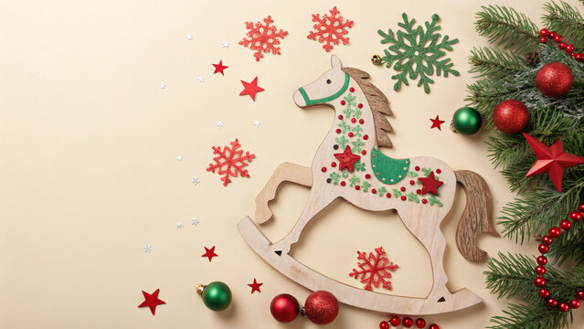 christmas theme featuring a Decorative wooden rocking horse surrounded by holiday ornaments and festive elements on a light backdrop