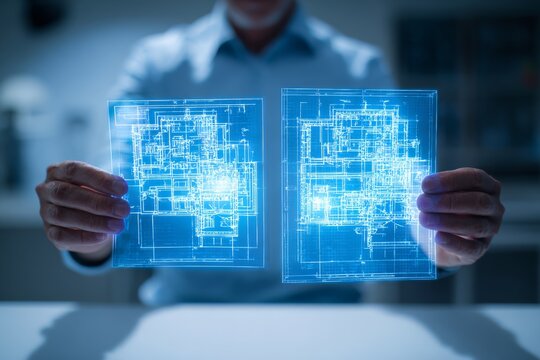 Engineer reviewing two glowing mirrored blueprints on illuminated digital surfaces.