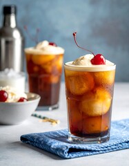 Tall glasses filled with layered drink, topped with ice cream and cherry