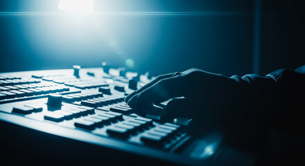 An abstract silhouette of a person working on sound mixing control panel, illuminated by a theatrical stage light.