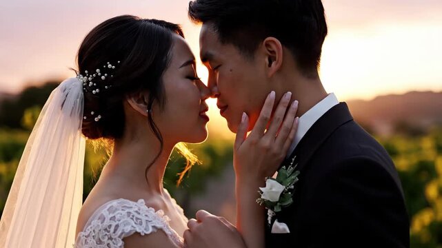 Newlyweds share a romantic moment, bathed in soft sunlight, with gentle touch
