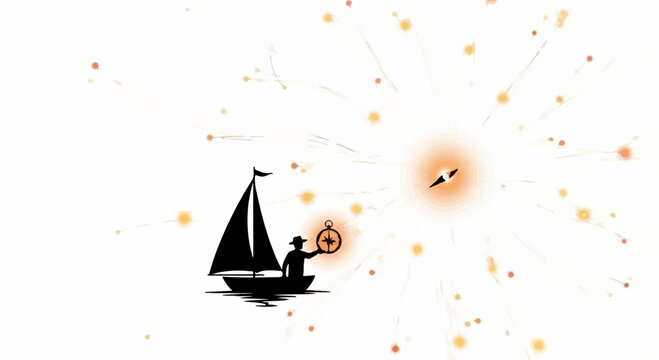 Navigator charting course with compass towards glowing cosmic destination on a journey of discovery