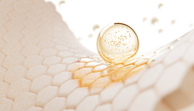 Fototapeta 3d dry skin with oil drop texture. Epidermis surface with hexagon cell pattern, gold liquid bubble and stain of serum, collagen gel, hyaluronic essence. Cosmetic skincare background