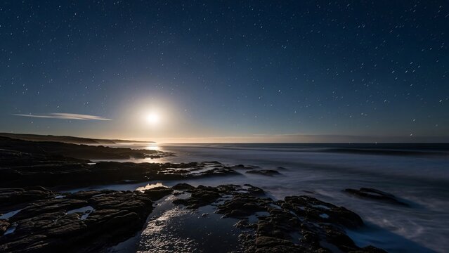 Moonlit seascape with rocky shoreline and ocean waves under a starry night sky.
