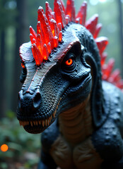 Portrait of a dinosaur with red spines and glowing orange eyes