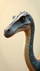 Portrait of a dinosaur with blue gray scales and orange eye