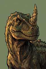 Portrait of a dinosaur with ornate horns and textured scales