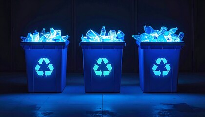 Three blue recycling bins, filled with illuminated plastic bottles