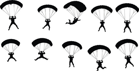 Parachutist silhouettes with open parachutes, skydiving descent, extreme aerial sport, outdoor adventure, aviation training, freefall activity, adrenaline lifestyle, dynamic recreation illustration © MD SAKIL