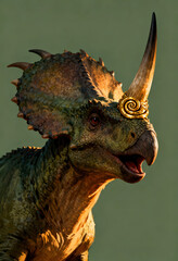 Portrait of a dinosaur with golden horn and decorative ornament