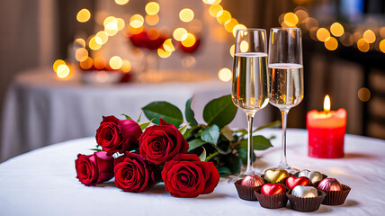 Champagne Glasses with Red Roses and Candlelight in Romantic Luxurious Setting