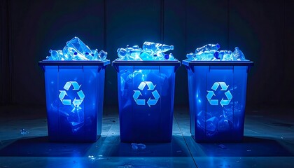 Three blue recycling bins overflowing with translucent plastic bottles