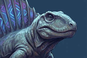 Portrait of a dinosaur with glowing sail and detailed scales