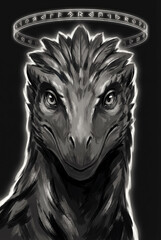Portrait of a dinosaur with glowing halo and runic script