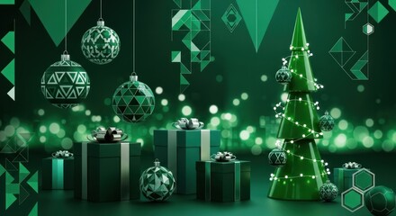 A green and white Christmas tree with ornaments and presents in a festive setting.