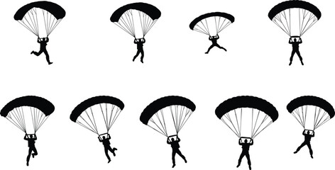 Parachutist silhouettes with open parachutes, skydiving figures, aerial sport activity, extreme adventure, freefall descent, outdoor recreation, aviation training, adrenaline lifestyle illustration © MD SAKIL