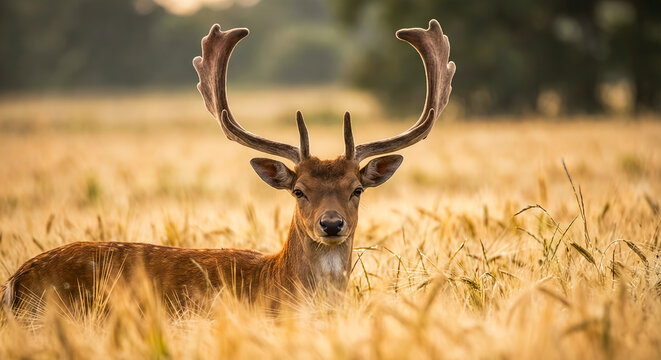 Close-up shot of a gentle deer standing in a golden barley field
