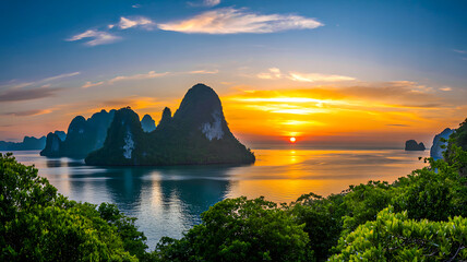 Cinematic Golden Hour Landscape of Limestone Cliffs and Islands at Sunset